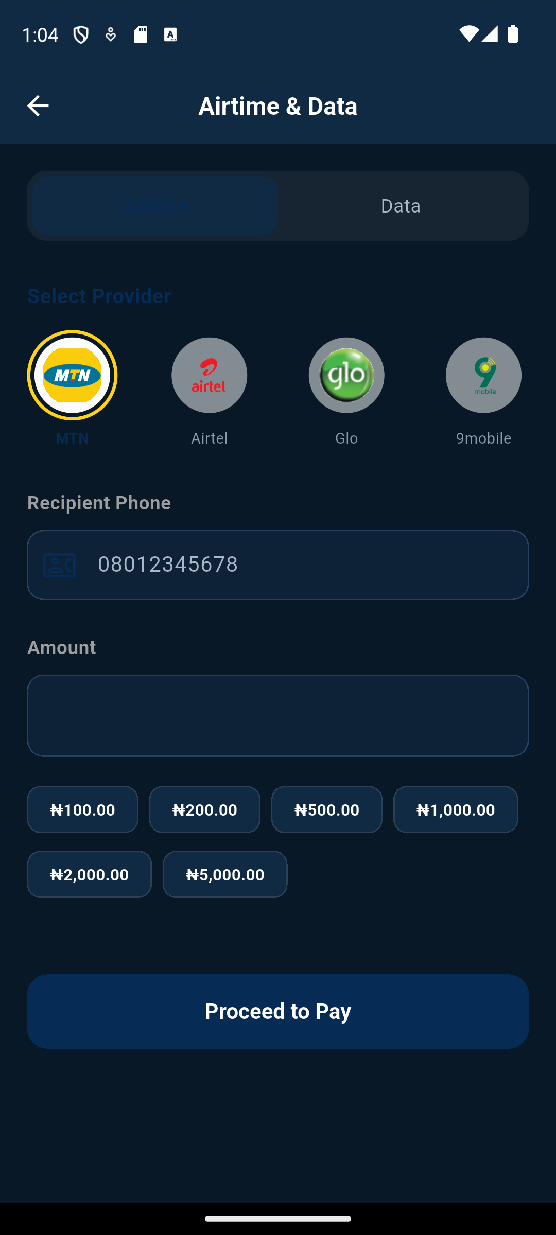 Bills and VTU screen in Vokal Pay