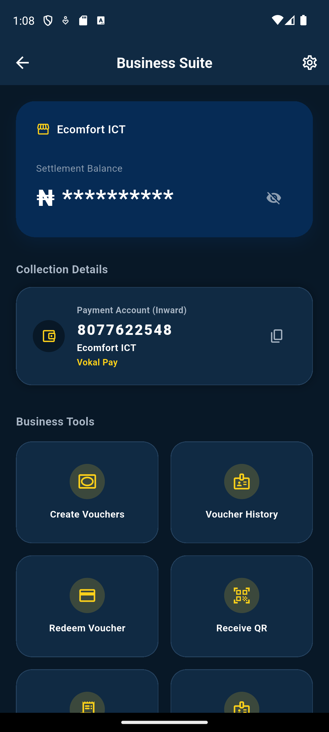 Merchant collections screen in Vokal Pay