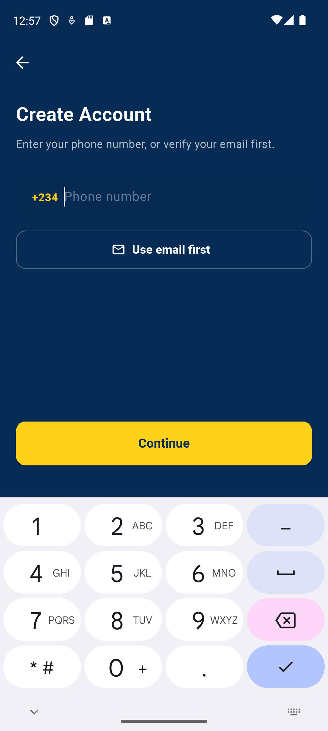 Easy account opening screen in Vokal Pay