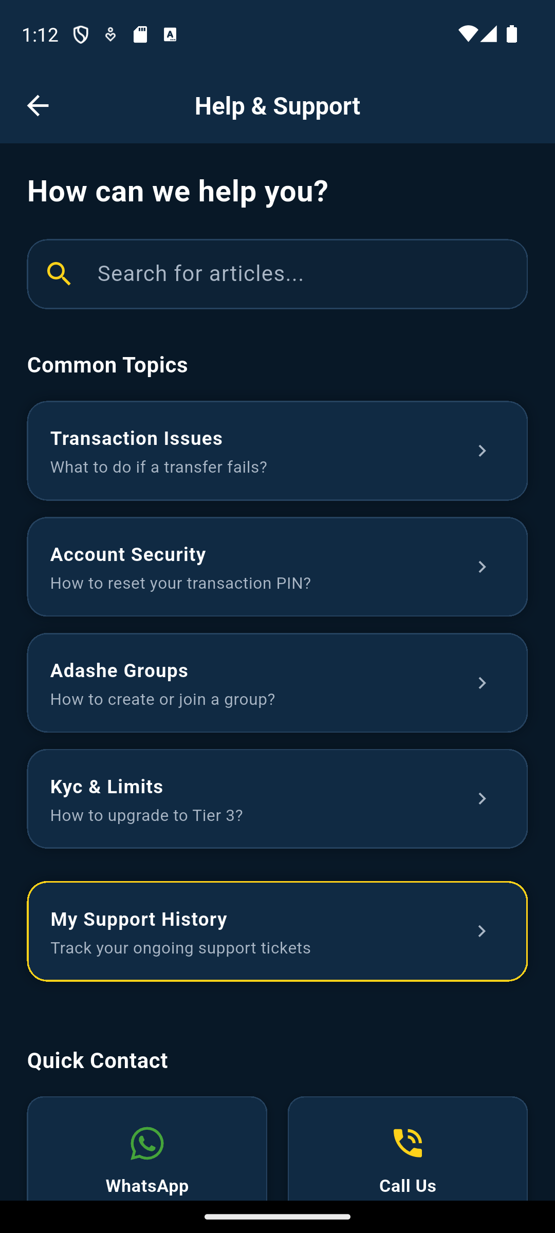 Secure support screen in Vokal Pay