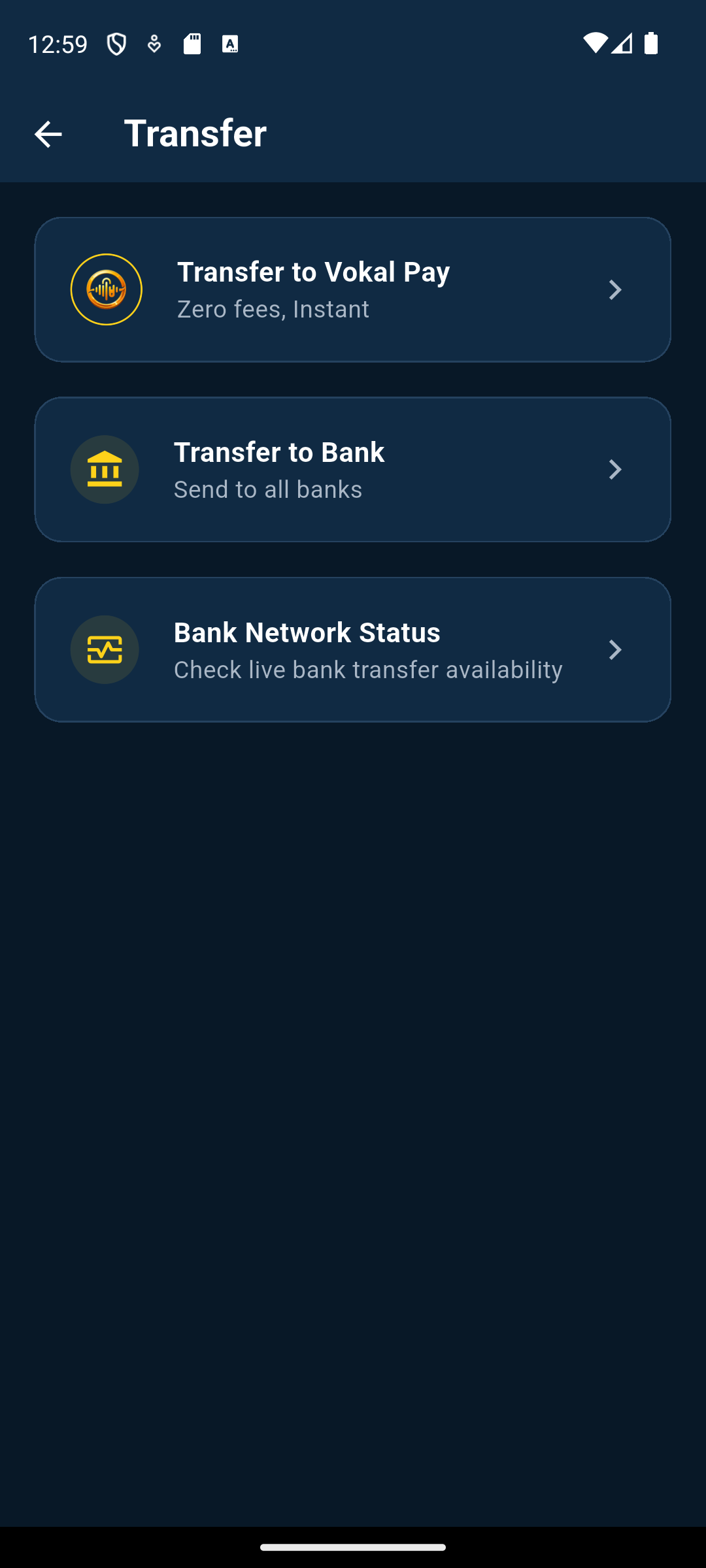 Instant Vokal transfers screen in Vokal Pay